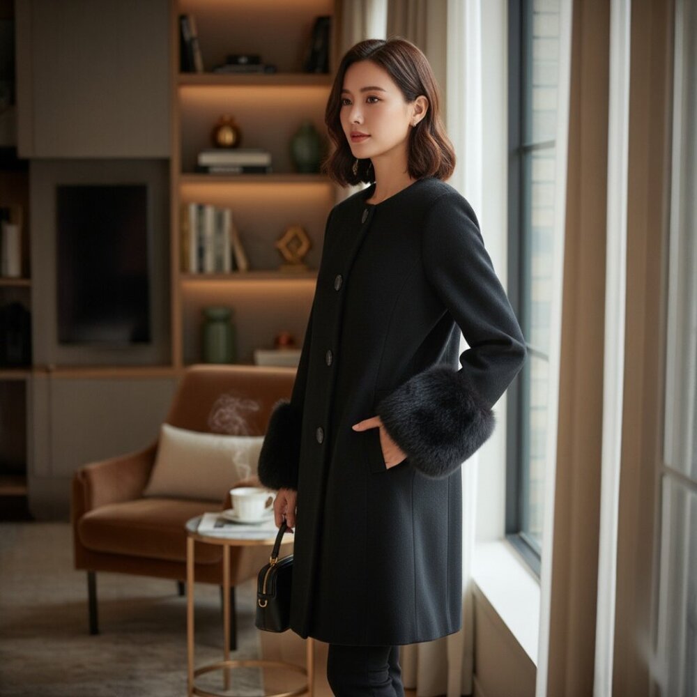 Dale Dressin Black Fox Fur Cuffs Cashmere Wool Belt Designer Coat Size 12.R